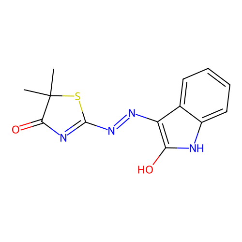 5,5-dimethyl-2-[2-(2-oxoindol-3-yl)hydrazinyl]-1,3-thiazol-4-one structure