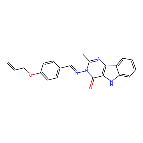 (E)-3-((4-(allyloxy)benzylidene)amino)-2-methyl-3H-pyrimido[5,4-b]indol-4(5H)-one structure