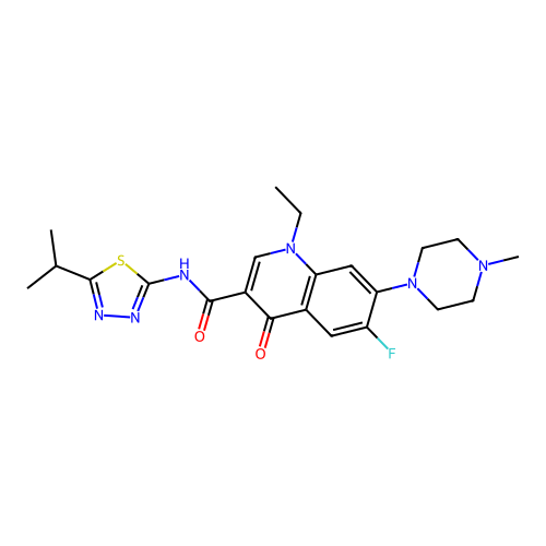 1-ethyl-6-fluoro-7-(4-methylpiperazin-1-yl)-4-oxo-N-(5-propan-2-yl-1,3,4-thiadiazol-2-yl)quinoline-3-carboxamide structure