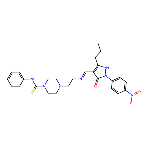 (E)-4-(2-(((1-(4-nitrophenyl)-5-oxo-3-propyl-1H-pyrazol-4(5H)-ylidene)methyl)amino)ethyl)-N-phenylpiperazine-1-carbothioamide structure