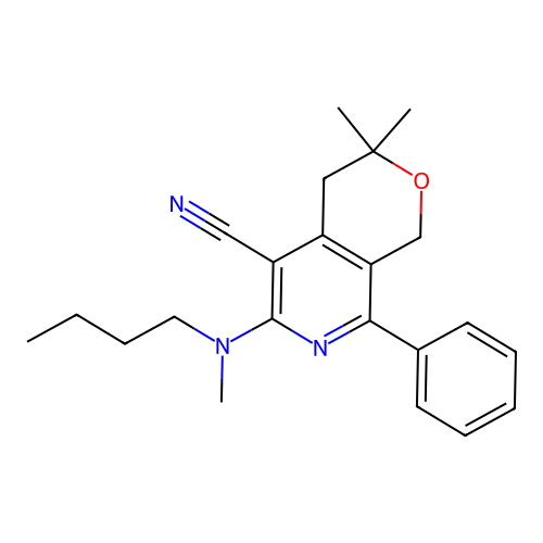 6-(butyl(methyl)amino)-3,3-dimethyl-8-phenyl-3,4-dihydro-1H-pyrano[3,4-c]pyridine-5-carbonitrile structure