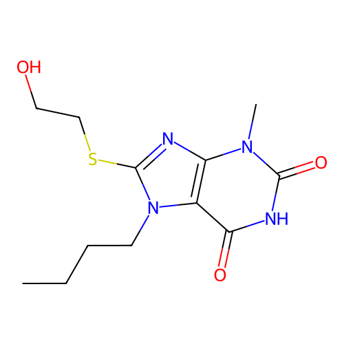 7-butyl-8-((2-hydroxyethyl)thio)-3-methyl-1H-purine-2,6(3H,7H)-dione structure