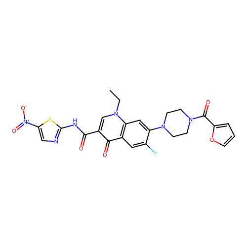 1-ethyl-6-fluoro-7-(4-(furan-2-carbonyl)piperazin-1-yl)-N-(5-nitrothiazol-2-yl)-4-oxo-1,4-dihydroquinoline-3-carboxamide structure