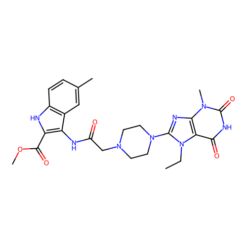 methyl 3-({[4-(7-ethyl-3-methyl-2,6-dioxo-2,3,6,7-tetrahydro-1H-purin-8-yl)piperazin-1-yl]acetyl}amino)-5-methyl-1H-indole-2-carboxylate structure