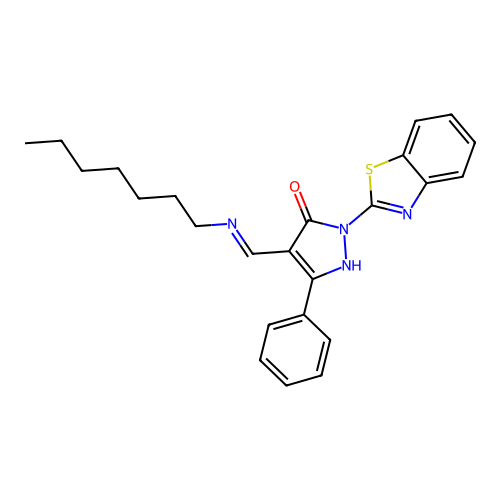 (E)-1-(benzo[d]thiazol-2-yl)-4-((heptylamino)methylene)-3-phenyl-1H-pyrazol-5(4H)-one structure