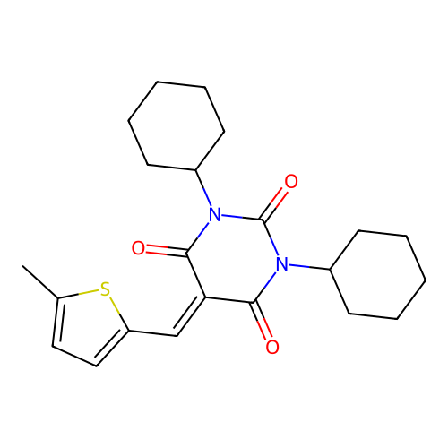 1,3-dicyclohexyl-5-[(5-methylthiophen-2-yl)methylidene]pyrimidine-2,4,6(1H,3H,5H)-trione structure