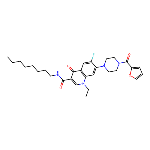 1-ethyl-6-fluoro-7-(4-(furan-2-carbonyl)piperazin-1-yl)-N-octyl-4-oxo-1,4-dihydroquinoline-3-carboxamide structure