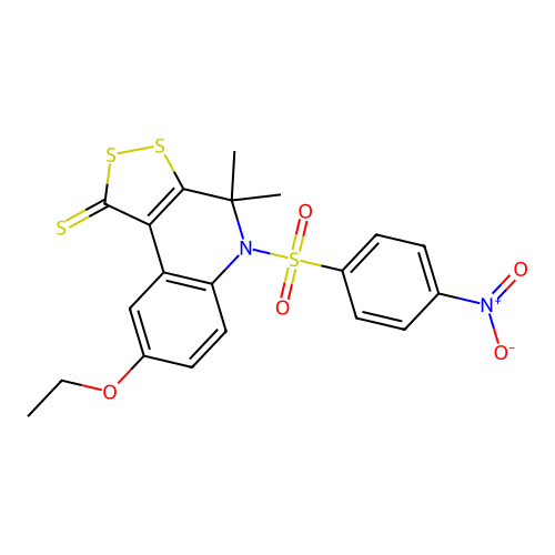 8-ethoxy-4,4-dimethyl-5-((4-nitrophenyl)sulfonyl)-4,5-dihydro-1H-[1,2]dithiolo[3,4-c]quinoline-1-thione structure