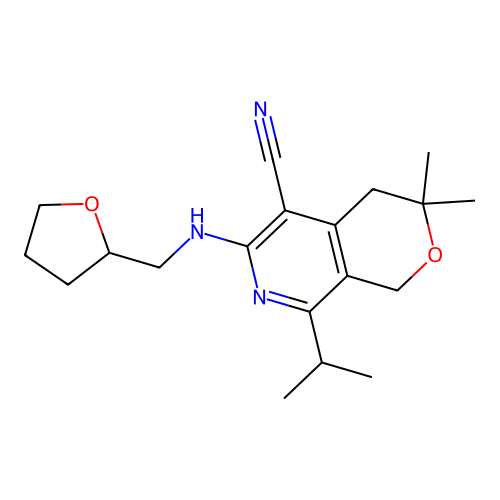 3,3-dimethyl-6-(oxolan-2-ylmethylamino)-8-propan-2-yl-1,4-dihydropyrano[3,4-c]pyridine-5-carbonitrile structure