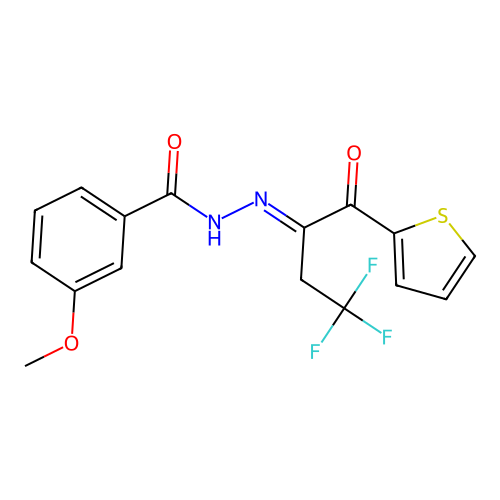 3-methoxy-N'-[(2E)-4,4,4-trifluoro-1-oxo-1-(thiophen-2-yl)butan-2-ylidene]benzohydrazide structure