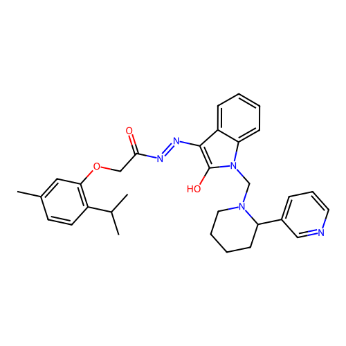(E)-2-(2-isopropyl-5-methylphenoxy)-N'-(2-oxo-1-((2-(pyridin-3-yl)piperidin-1-yl)methyl)indolin-3-ylidene)acetohydrazide structure