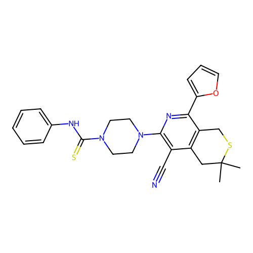 4-(5-cyano-8-(furan-2-yl)-3,3-dimethyl-3,4-dihydro-1H-thiopyrano[3,4-c]pyridin-6-yl)-N-phenylpiperazine-1-carbothioamide structure
