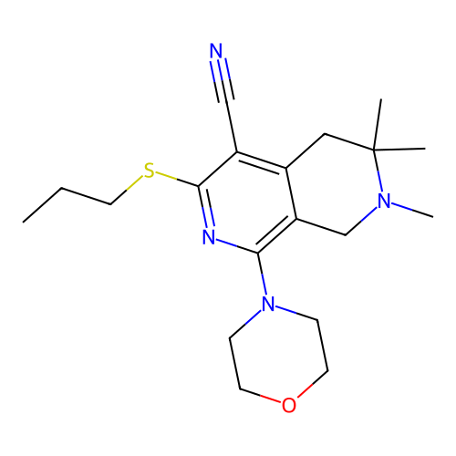 6,6,7-trimethyl-1-morpholin-4-yl-3-propylsulfanyl-5,8-dihydro-2,7-naphthyridine-4-carbonitrile structure