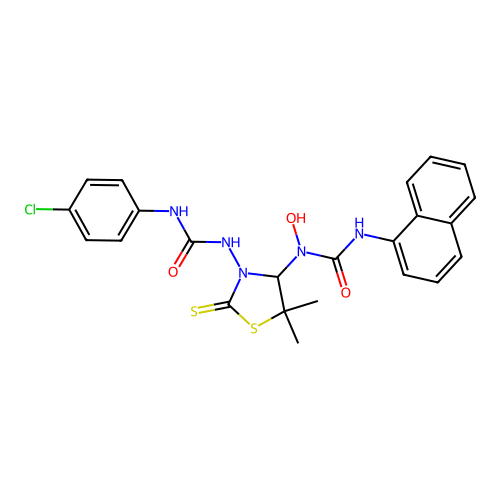 1-(3-(3-(4-chlorophenyl)ureido)-5,5-dimethyl-2-thioxothiazolidin-4-yl)-1-hydroxy-3-(naphthalen-1-yl)urea structure
