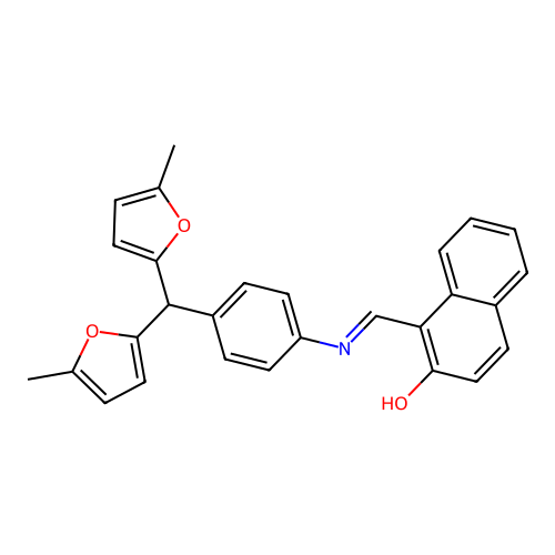 1-[(E)-({4-[bis(5-methylfuran-2-yl)methyl]phenyl}imino)methyl]naphthalen-2-ol structure