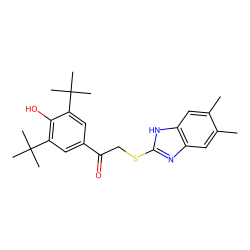 1-(3,5-di-tert-butyl-4-hydroxyphenyl)-2-((5,6-dimethyl-1H-benzo[d]imidazol-2-yl)thio)ethanone structure