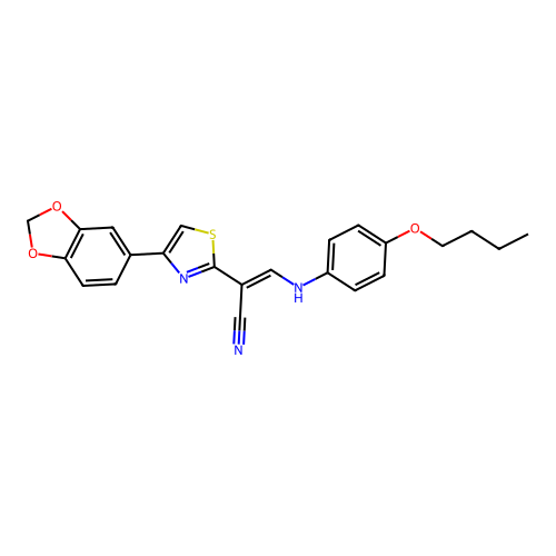 (E)-2-(4-(benzo[d][1,3]dioxol-5-yl)thiazol-2-yl)-3-((4-butoxyphenyl)amino)acrylonitrile structure