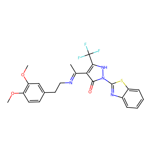 (E)-1-(benzo[d]thiazol-2-yl)-4-(1-((3,4-dimethoxyphenethyl)amino)ethylidene)-3-(trifluoromethyl)-1H-pyrazol-5(4H)-one structure