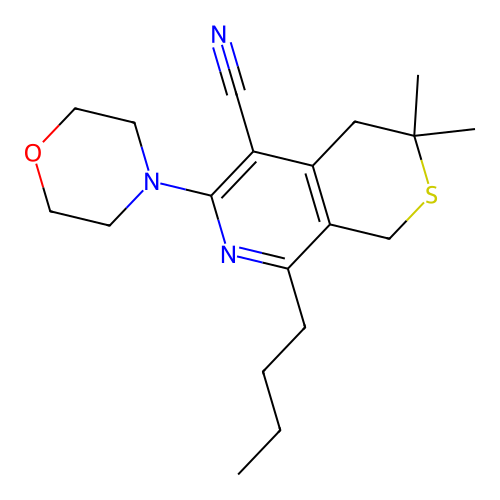 8-butyl-3,3-dimethyl-6-morpholin-4-yl-1,4-dihydrothiopyrano[3,4-c]pyridine-5-carbonitrile structure