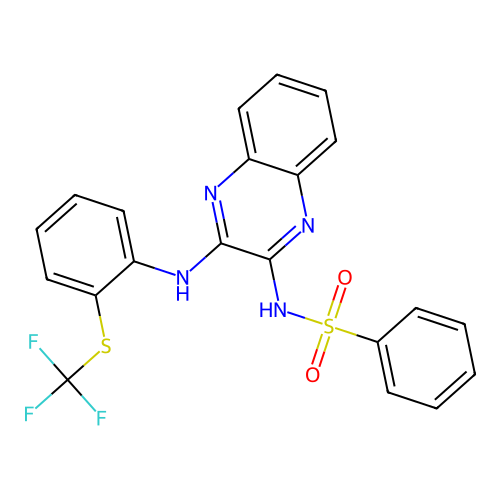 N-[(2Z)-3-({2-[(trifluoromethyl)sulfanyl]phenyl}amino)quinoxalin-2(1H)-ylidene]benzenesulfonamide structure