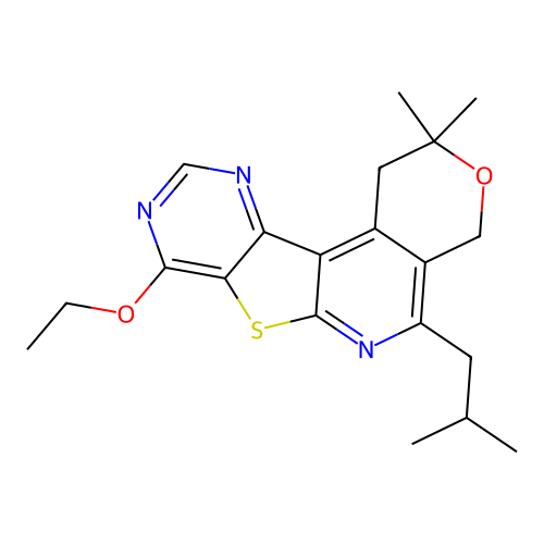 8-ethoxy-2,2-dimethyl-5-(2-methylpropyl)-1,4-dihydro-2H-pyrano[4'',3'':4',5']pyrido[3',2':4,5]thieno[3,2-d]pyrimidine structure