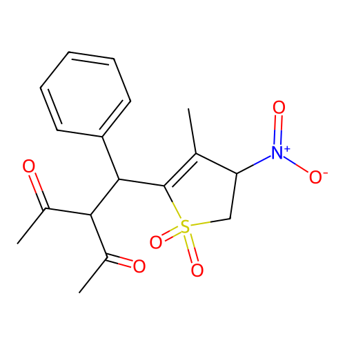 2-(2-acetyl-3-oxo-1-phenylbutyl)-3-methyl-4-nitro-4,5-dihydrothiophene-1,1-dio ne structure