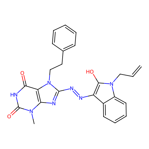 (E)-8-(2-(1-allyl-2-oxoindolin-3-ylidene)hydrazinyl)-3-methyl-7-phenethyl-1H-purine-2,6(3H,7H)-dione structure
