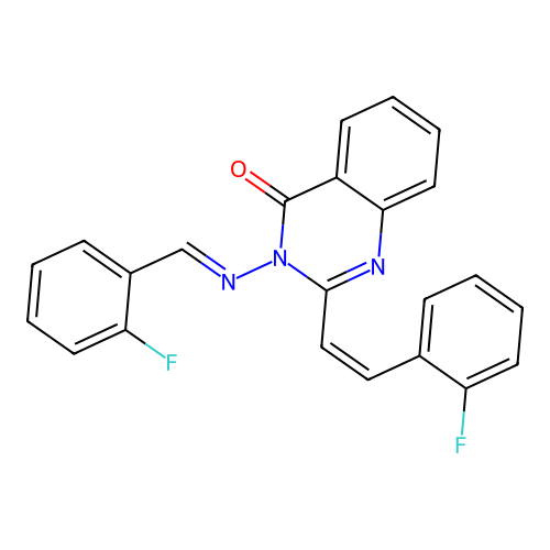 3-((E)-(2-fluorobenzylidene)amino)-2-((Z)-2-fluorostyryl)quinazolin-4(3H)-one structure