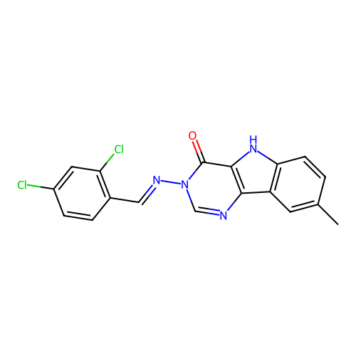 (E)-3-((2,4-dichlorobenzylidene)amino)-8-methyl-3H-pyrimido[5,4-b]indol-4(5H)-one structure
