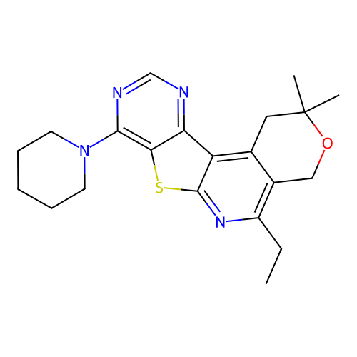 5-ethyl-2,2-dimethyl-8-(piperidin-1-yl)-1,4-dihydro-2H-pyrano[4'',3'':4',5']pyrido[3',2':4,5]thieno[3,2-d]pyrimidine structure