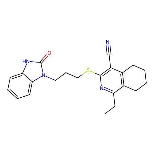1-ethyl-3-((3-(2-oxo-2,3-dihydro-1H-benzo[d]imidazol-1-yl)propyl)thio)-5,6,7,8-tetrahydroisoquinoline-4-carbonitrile structure