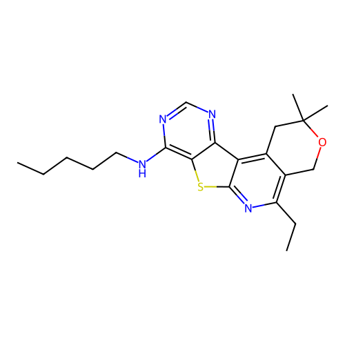 5-ethyl-2,2-dimethyl-N-pentyl-1,4-dihydro-2H-pyrano[4'',3'':4',5']pyrido[3',2':4,5]thieno[3,2-d]pyrimidin-8-amine structure