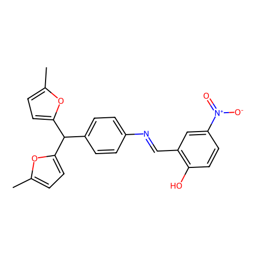 2-[(E)-({4-[bis(5-methylfuran-2-yl)methyl]phenyl}imino)methyl]-4-nitrophenol structure