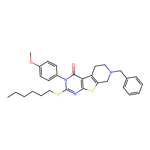 7-benzyl-2-(hexylsulfanyl)-3-(4-methoxyphenyl)-5,6,7,8-tetrahydropyrido[4',3':4,5]thieno[2,3-d]pyrimidin-4(3H)-one structure