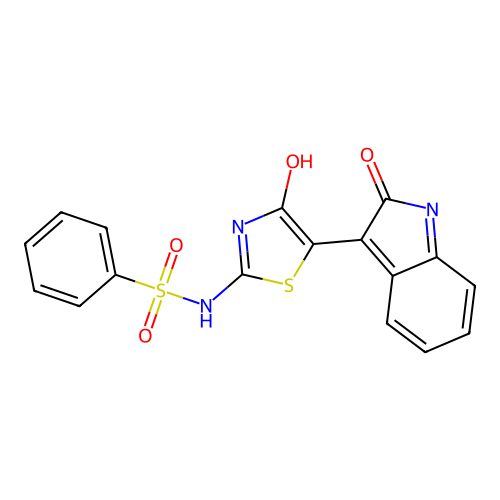 N-[4-oxo-5-(2-oxo-1H-indol-3-ylidene)-2-thiazolyl]benzenesulfonamide structure