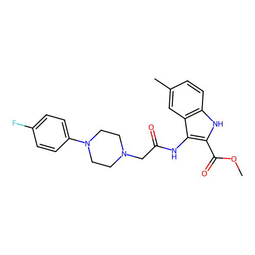 methyl 3-(2-(4-(4-fluorophenyl)piperazin-1-yl)acetamido)-5-methyl-1H-indole-2-carboxylate structure
