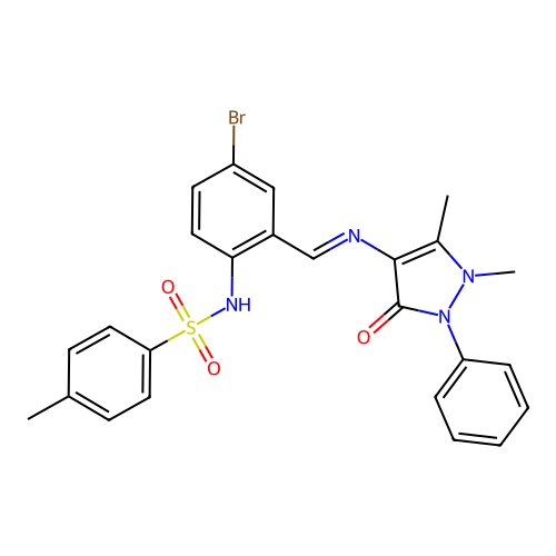 (E)-N-(4-bromo-2-(((1,5-dimethyl-3-oxo-2-phenyl-2,3-dihydro-1H-pyrazol-4-yl)imino)methyl)phenyl)-4-methylbenzenesulfonamide structure