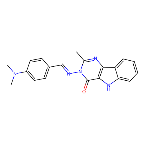 (E)-3-((4-(dimethylamino)benzylidene)amino)-2-methyl-3H-pyrimido[5,4-b]indol-4(5H)-one structure