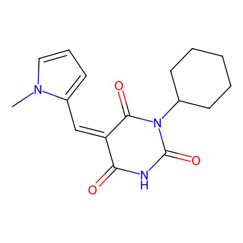 (Z)-1-cyclohexyl-5-((1-methyl-1H-pyrrol-2-yl)methylene)pyrimidine-2,4,6(1H,3H,5H)-trione structure