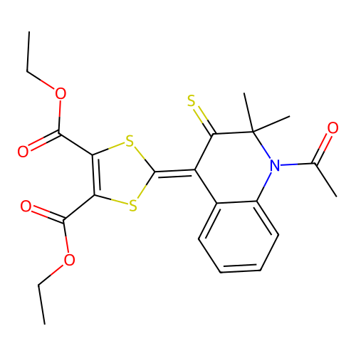 diethyl 2-(1-acetyl-2,2-dimethyl-3-thioxo-2,3-dihydroquinolin-4(1H)-ylidene)-1,3-dithiole-4,5-dicarboxylate structure