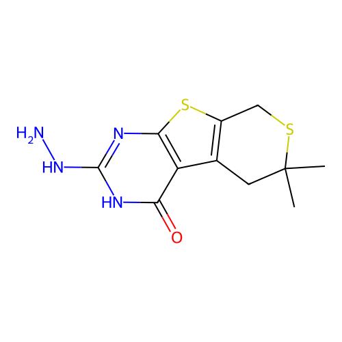 2-hydrazinyl-6,6-dimethyl-3,5,6,8-tetrahydro-4H-thiopyrano[4',3':4,5]thieno[2,3-d]pyrimidin-4-one structure