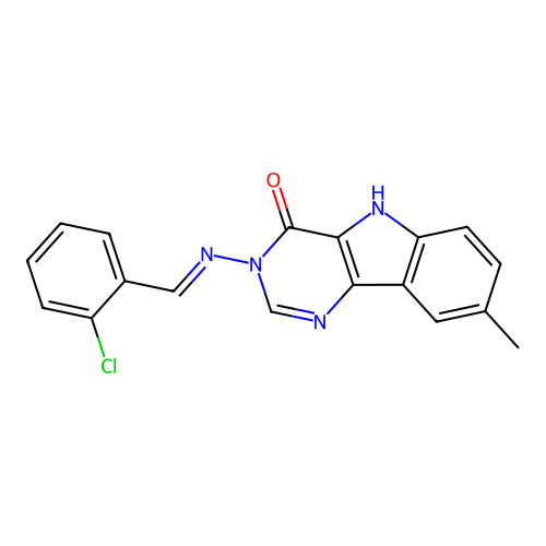 (E)-3-((2-chlorobenzylidene)amino)-8-methyl-3H-pyrimido[5,4-b]indol-4(5H)-one structure