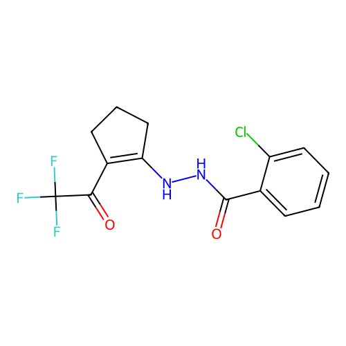 2-chloro-N'-[2-(trifluoroacetyl)cyclopent-1-en-1-yl]benzohydrazide structure