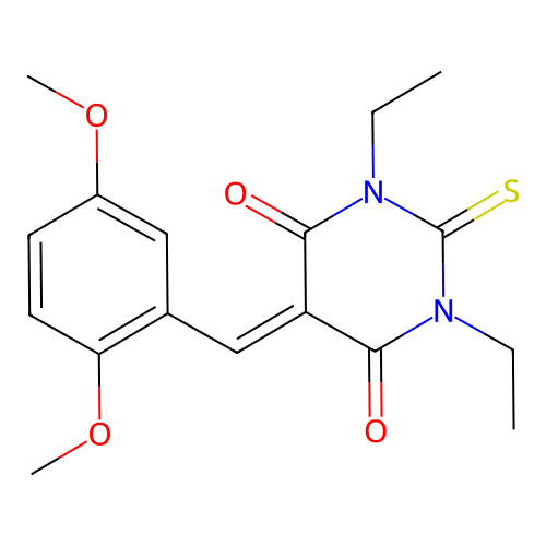 5-(2,5-dimethoxybenzylidene)-1,3-diethyl-2-thioxodihydropyrimidine-4,6(1H,5H)-dione structure