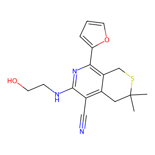 8-(furan-2-yl)-6-((2-hydroxyethyl)amino)-3,3-dimethyl-3,4-dihydro-1H-thiopyrano[3,4-c]pyridine-5-carbonitrile structure