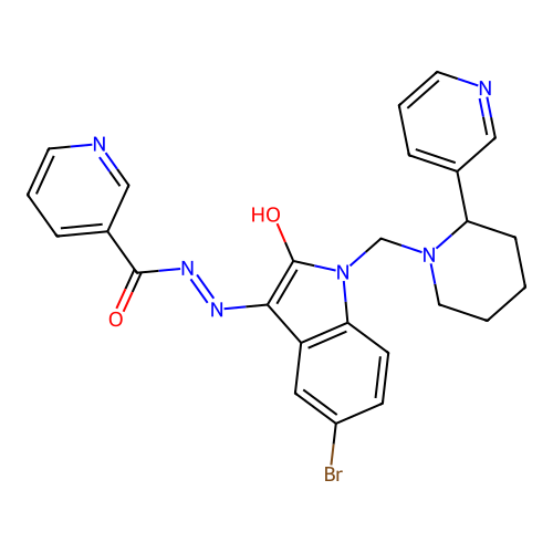 N'-(5-bromo-2-oxo-1-((2-(pyridin-3-yl)piperidin-1-yl)methyl)indolin-3-ylidene)nicotinohydrazide structure