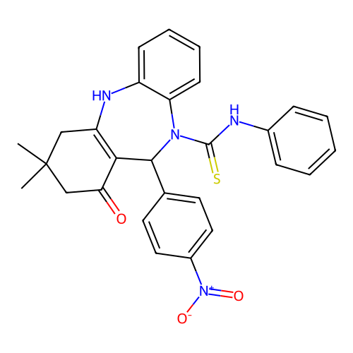 1-hydroxy-3,3-dimethyl-11-(4-nitrophenyl)-N-phenyl-2,3,4,11-tetrahydro-10H-dibenzo[b,e][1,4]diazepine-10-carbothioamide structure