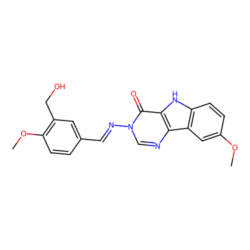(E)-3-((3-(hydroxymethyl)-4-methoxybenzylidene)amino)-8-methoxy-3H-pyrimido[5,4-b]indol-4(5H)-one structure