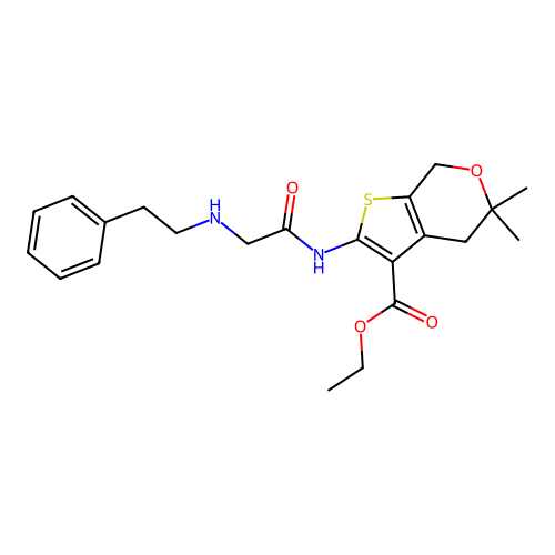 ethyl 5,5-dimethyl-2-(2-(phenethylamino)acetamido)-5,7-dihydro-4H-thieno[2,3-c]pyran-3-carboxylate structure