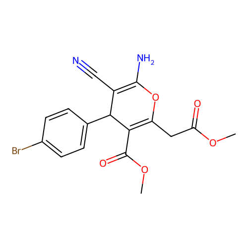 methyl 6-amino-4-(4-bromophenyl)-5-cyano-2-(2-methoxy-2-oxoethyl)-4H-pyran-3-carboxylate structure